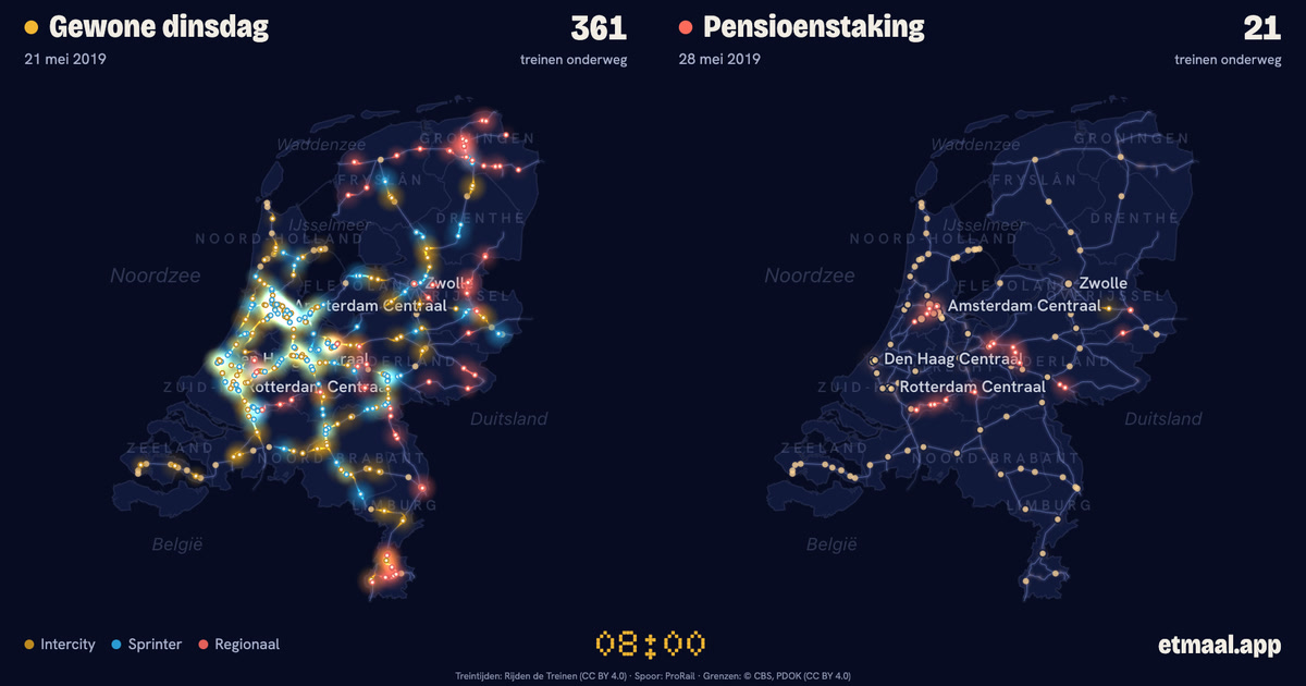 Kaarten van Nederland naast elkaar: links een gewone dinsdag, rechts 28 mei 2019, met de treinen die op dat moment onderweg waren.