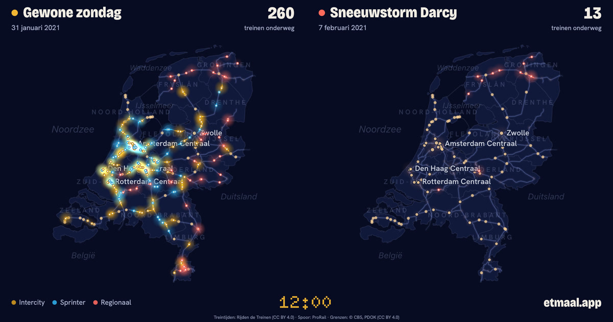 Kaarten van Nederland naast elkaar: links een gewone zondag, rechts 7 februari 2021, met de treinen die op dat moment onderweg waren.