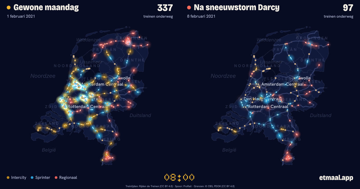 Kaarten van Nederland naast elkaar: links een gewone maandag, rechts 8 februari 2021, met de treinen die op dat moment onderweg waren.
