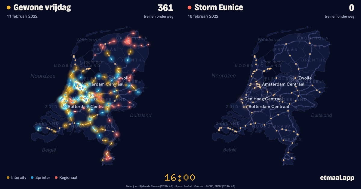 Kaarten van Nederland naast elkaar: links een gewone vrijdag, rechts 18 februari 2022, met de treinen die op dat moment onderweg waren.