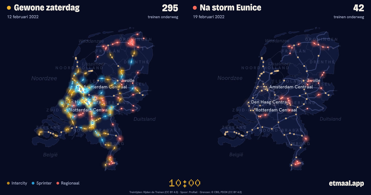 Kaarten van Nederland naast elkaar: links een gewone zaterdag, rechts 19 februari 2022, met de treinen die op dat moment onderweg waren.