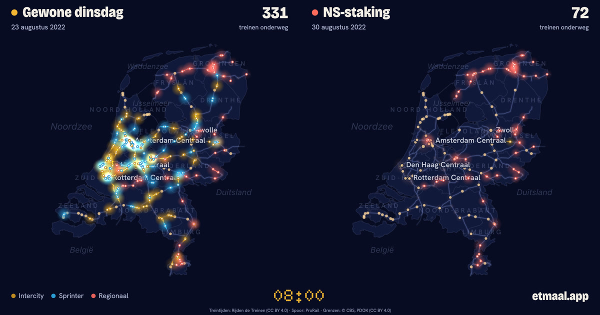 Kaarten van Nederland naast elkaar: links een gewone dinsdag, rechts 30 augustus 2022, met de treinen die op dat moment onderweg waren.