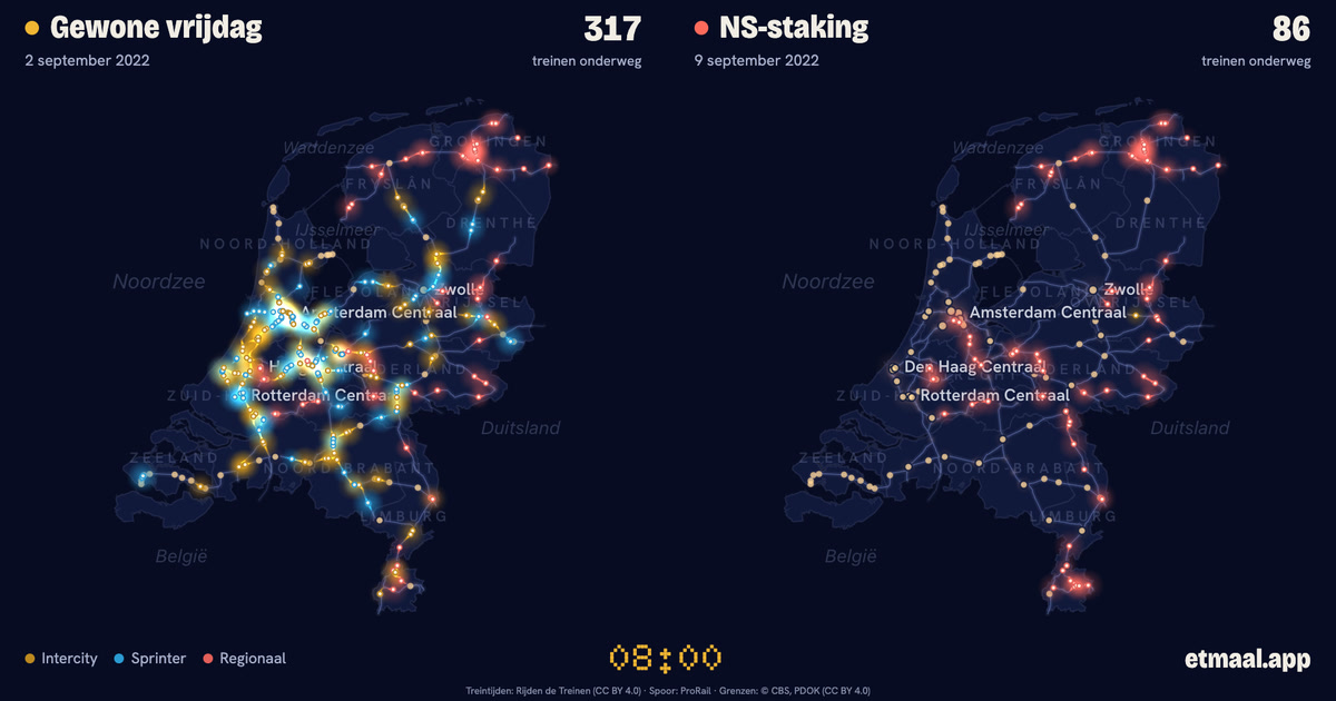 Kaarten van Nederland naast elkaar: links een gewone vrijdag, rechts 9 september 2022, met de treinen die op dat moment onderweg waren.