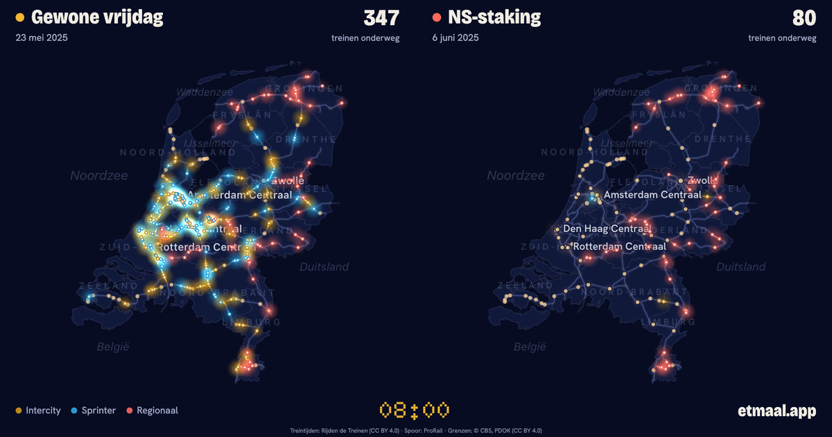 Kaarten van Nederland naast elkaar: links een gewone vrijdag, rechts 6 juni 2025, met de treinen die op dat moment onderweg waren.