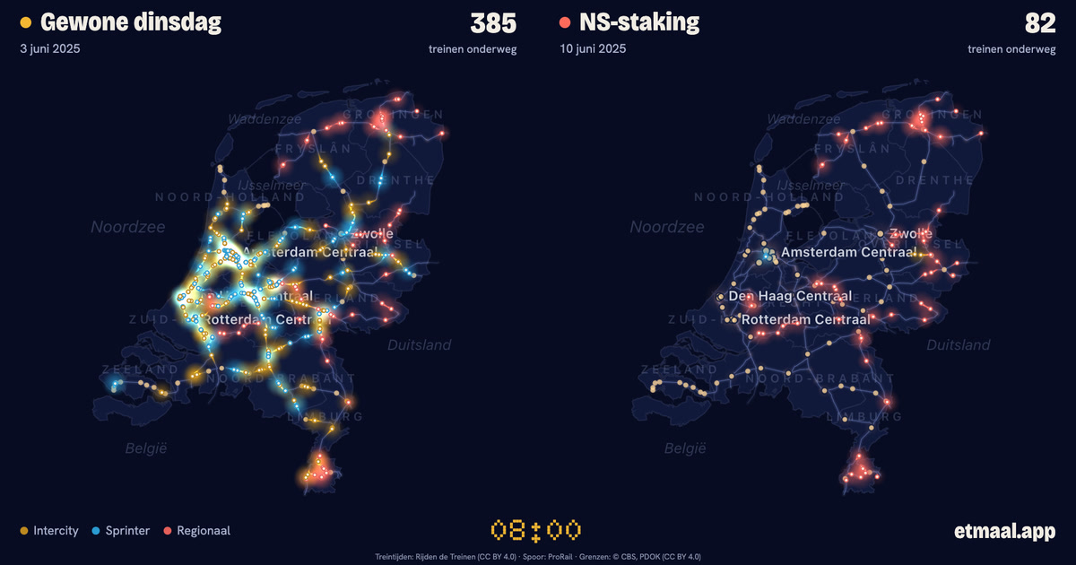 Kaarten van Nederland naast elkaar: links een gewone dinsdag, rechts 10 juni 2025, met de treinen die op dat moment onderweg waren.