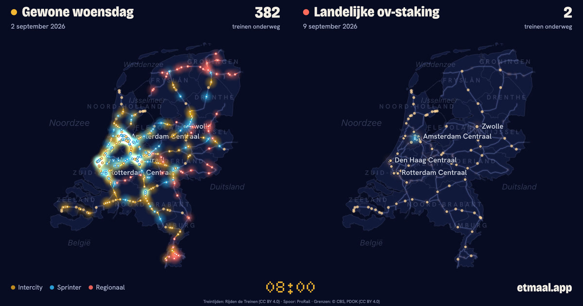 Kaarten van Nederland naast elkaar: links een gewone woensdag, rechts 9 september 2026, met de treinen die op dat moment onderweg waren.